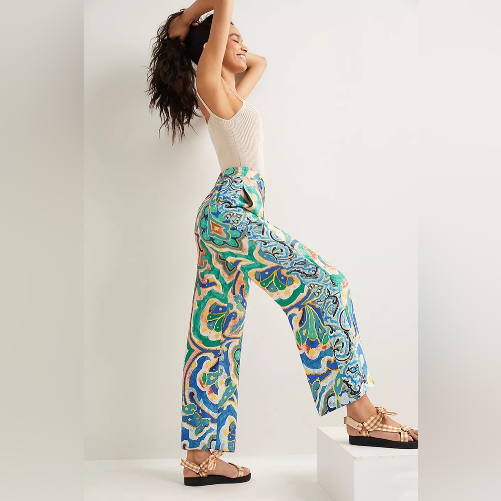 Anthropologie Maeve Rhiannon Colorful Printed Satin Cropped Flare Pants